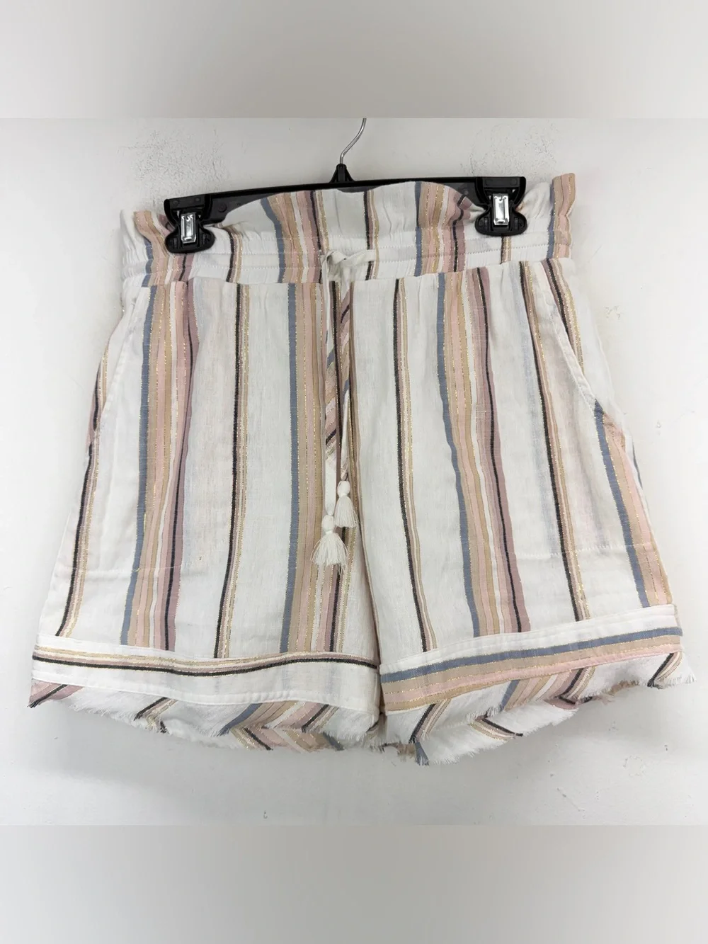 Golden size Large Women’s White Multicolor Striped Paperbag Waist Shorts NWT